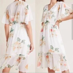 Farm Rio Anthro Midi Dress Womens XS Eloisa Peach Floral  Cream Chiffon